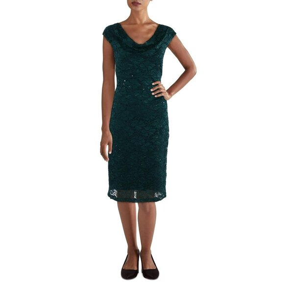 Connected Women's Draped Short-Sleeve Lace Sheath Dress Hunter Size 8 - Picture 1 of 1